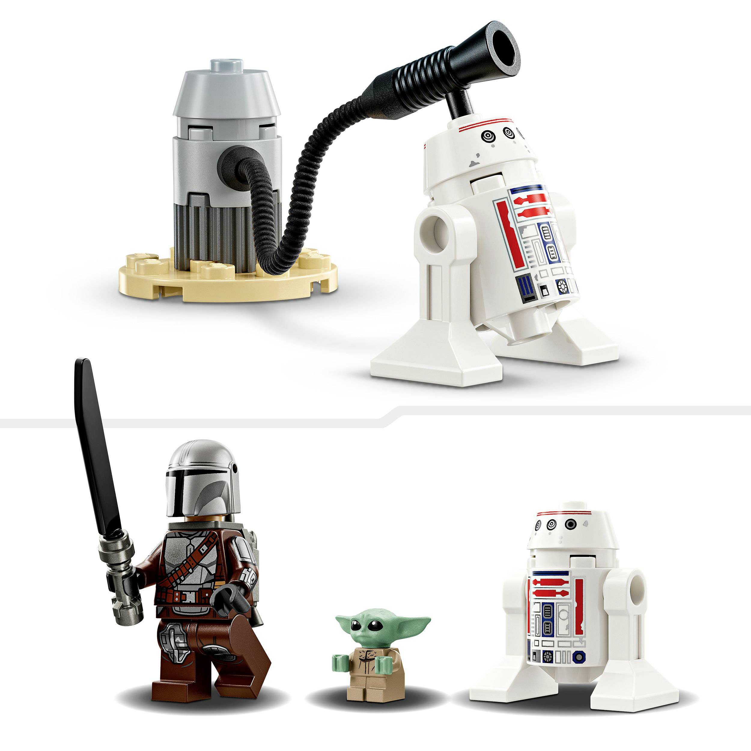 Dwie figurki LEGO przedstawiają Mandaloriańczyka w hełmie i małą zieloną istotę. Obok nich znajduje się robot z czerwono-niebieskimi oznaczeniami.