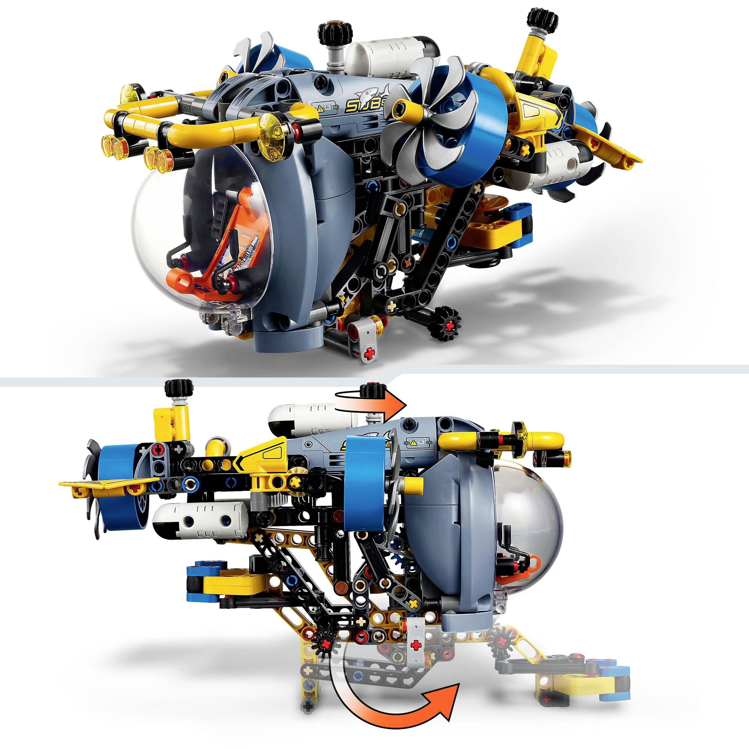Model pojazdu podwodnego z serii LEGO Technic. Prezentuje obrotowe elementy oraz szczegółową budowę.