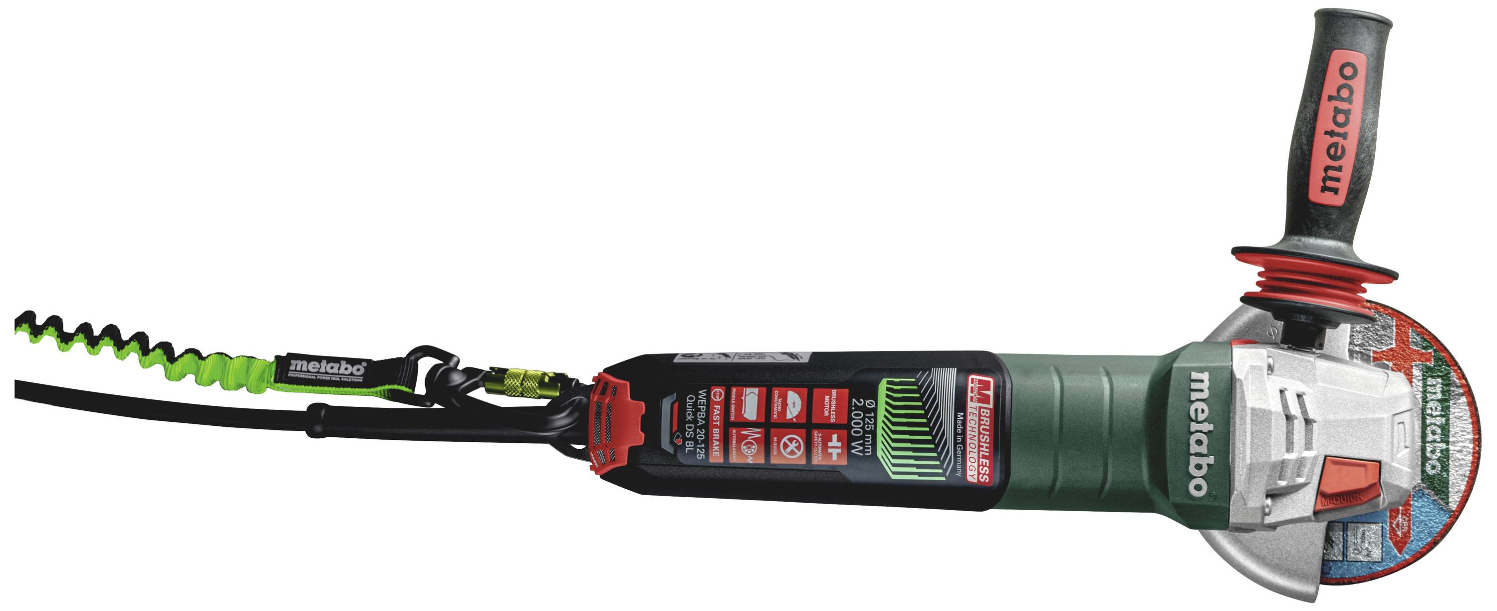 Szlifierka kątowa z zieloną obudową i czerwonym uchwytem, widoczna marka.