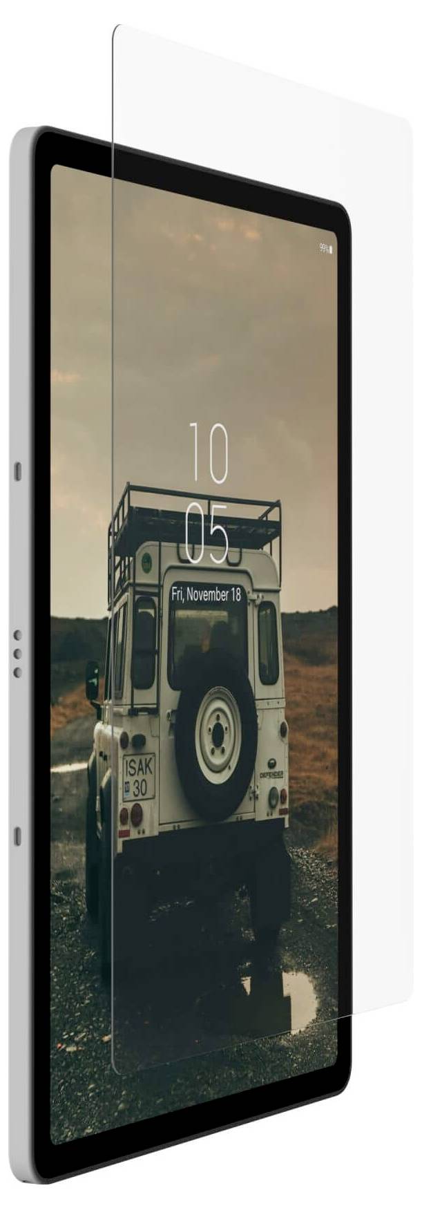 Tablet z osłoną ekranu, wyświetlający obraz terenówki w naturalnym otoczeniu. Na ekranie widoczna data 'Pt., 13 listopada'.