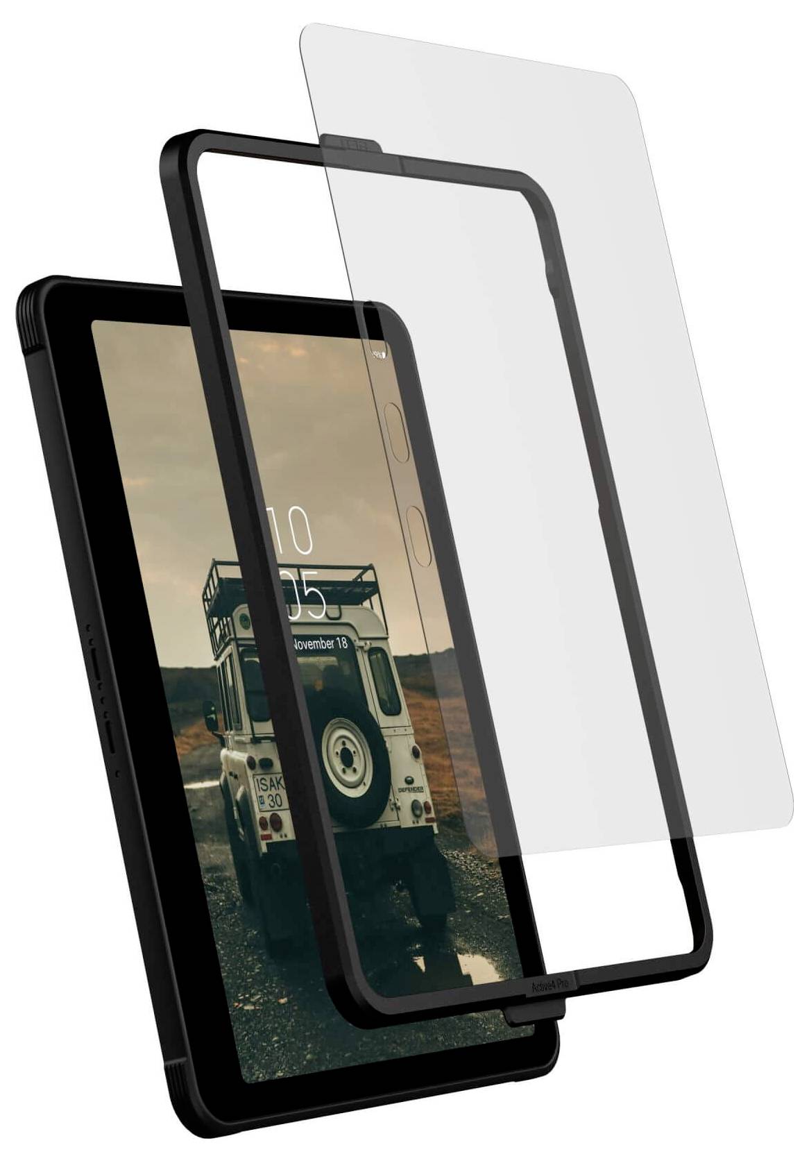 Tablet z wyświetlaczem przedstawiającym samochód terenowy, zabezpieczony przezroczystą, zdejmowalną folią ochronną.