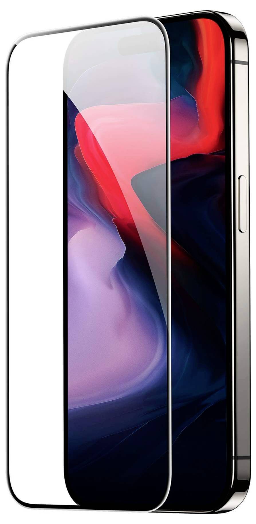 Smartfon z wyświetlaczem bez ramek w nowoczesnym designie. Tylna obudowa prezentuje żywe kolory przechodzące z fioletu w czerwień.