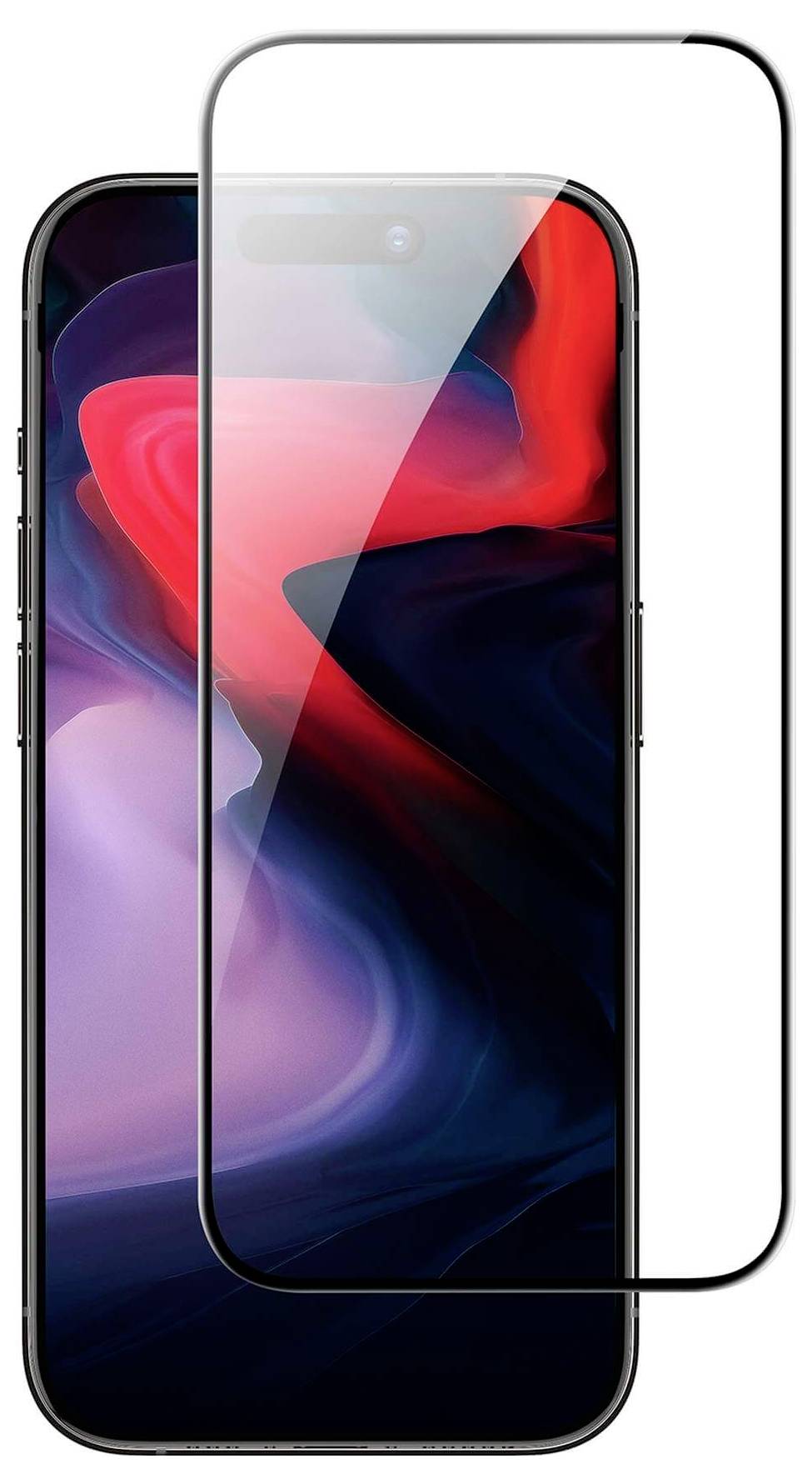 Smartfon z kolorowym tłem przypominającym płynne barwy. Obok leży folia ochronna na ekran.