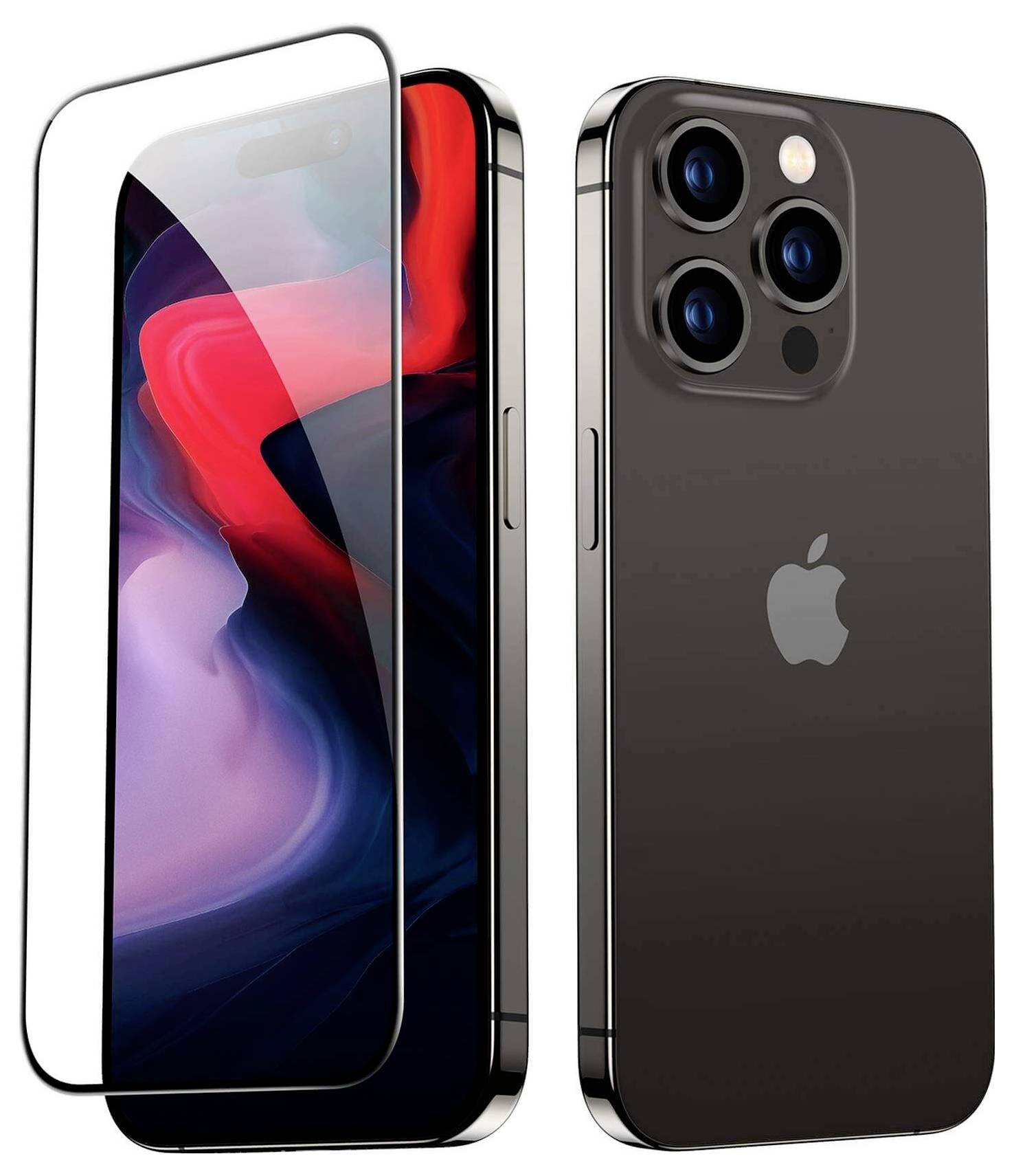 Smartfon z ciemną obudową, zaokrąglonymi narożnikami i dużym ekranem. Trzy aparaty z tyłu. Obok znajduje się folia ochronna na ekran.