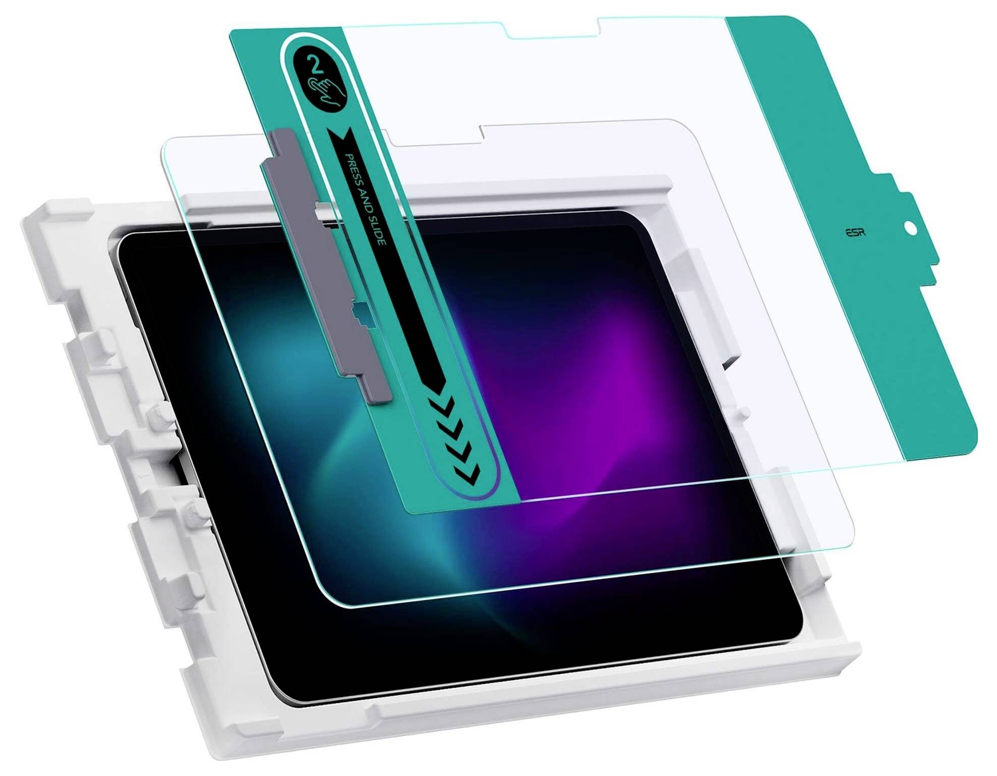 Tablet w uchwycie z tworzywa sztucznego z dwiema folami ochronnymi, jedna jest nakładana. Wyświetlacz pokazuje proste, kolorowe fale.