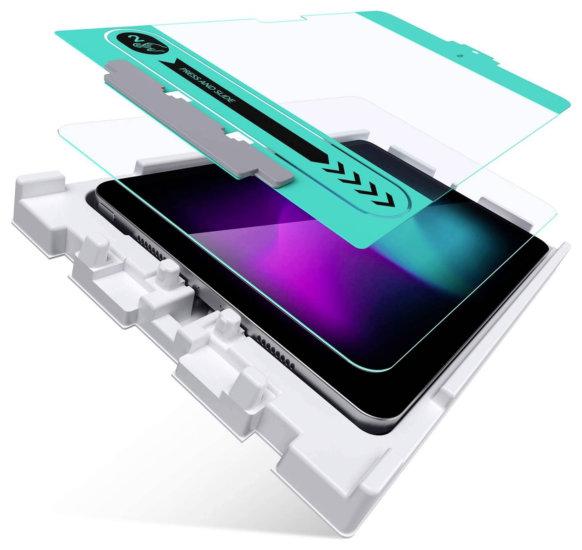 Zestaw ochronny do ekranu tabletu jest prezentowany. Obejmuje on szablon montażowy, niebieski film ochronny i tablet znajdujący się poniżej.