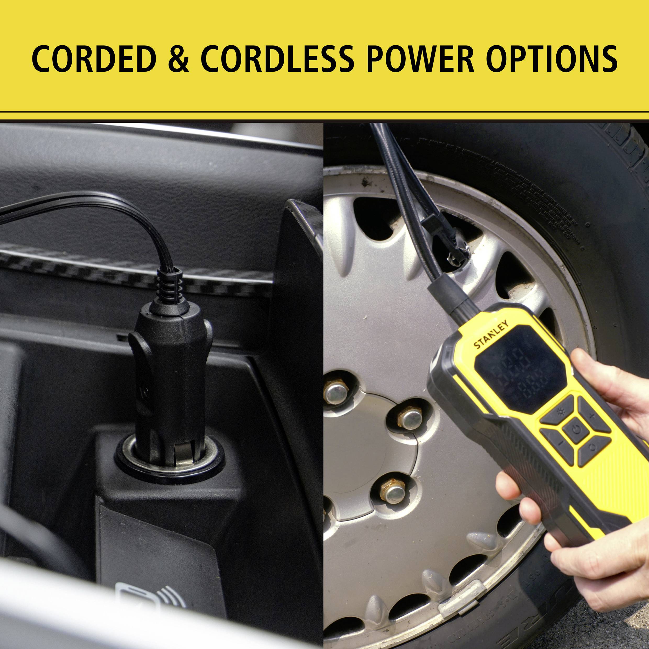 Przewodowe i bezprzewodowe opcje energetyczne. Obraz przedstawia ładowarkę podłączoną do gniazda zapalniczki i urządzenie do pomiaru ciśnienia w oponach.