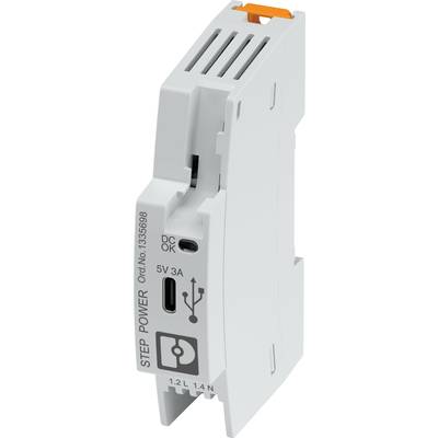 Komponent elektroniczny 'STEP POWER', złącze prądu stałego, port USB, oznaczony numerem katalogowym 'Ord.No. 1356698', przeznaczony do zastosowań przemysłowych.
