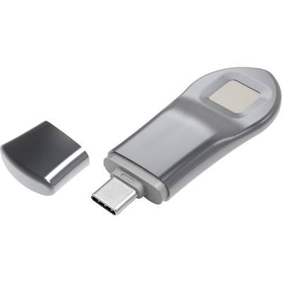 Srebrny pendrive USB-C z zdejmowalną plastikową pokrywką, prezentujący czujnik linii papilarnych.