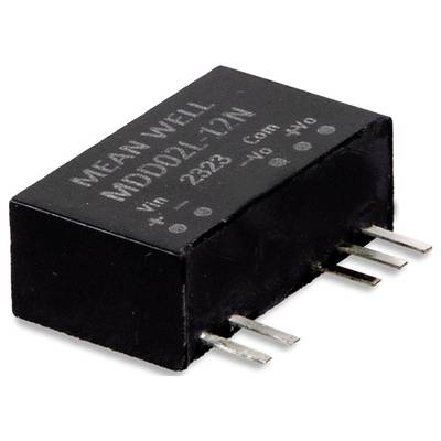 Czarny elektryczny moduł z napisem 'MEAN WELL MDD02L-12' z podłączeniami z jednej strony, służący do regulacji napięcia.