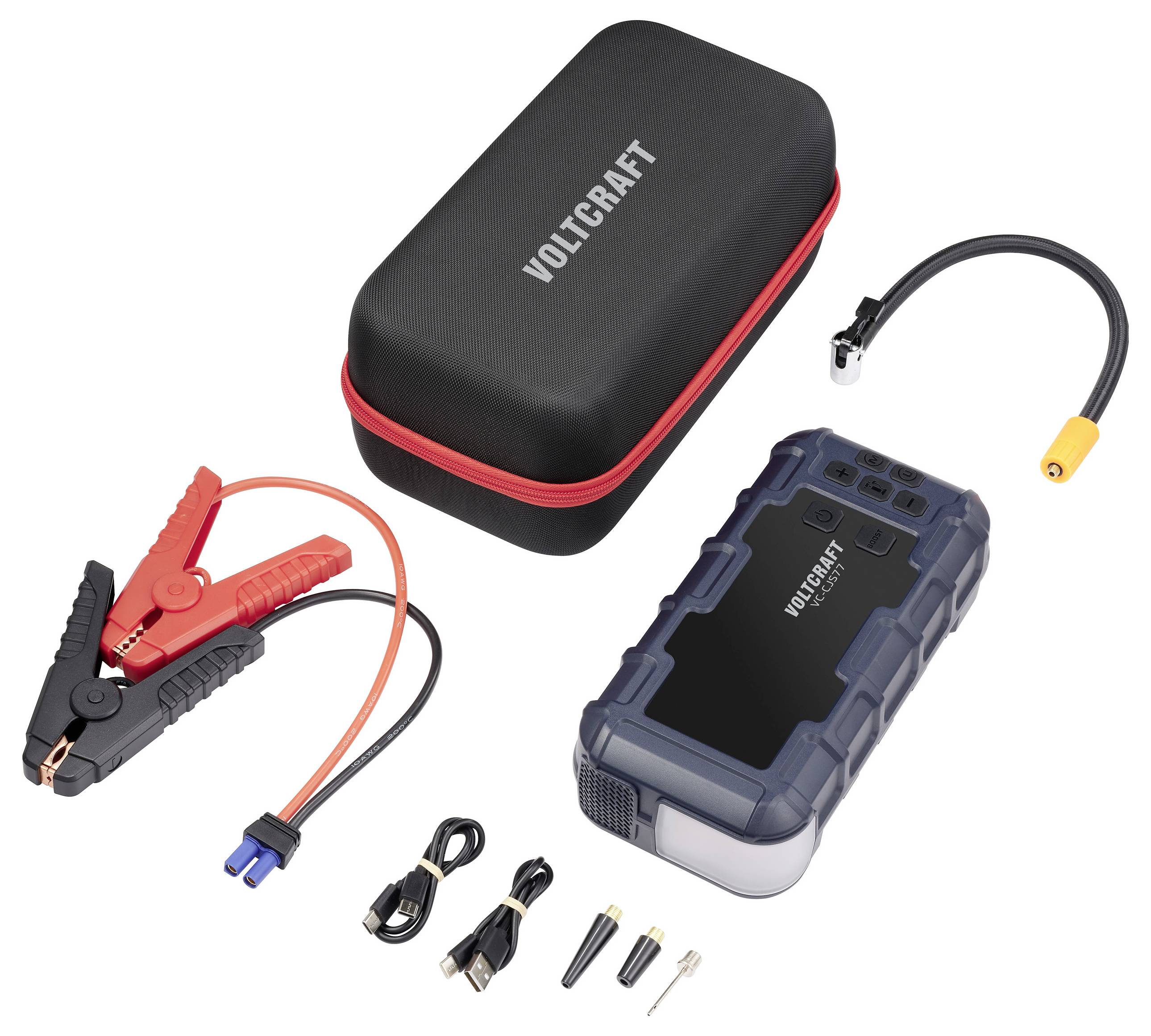 Przenośny rozrusznik i powerbank marki Voltcraft, w zestawie z klemami, przewodami, adapterem i torbą do przechowywania. Idealny do pojazdów.