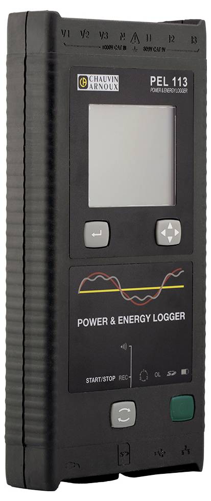 Obraz przedstawia przenośne urządzenie pomiarowe do rejestracji energii elektrycznej. Posiada wyświetlacz oraz panel sterowania z kilkoma przyciskami.