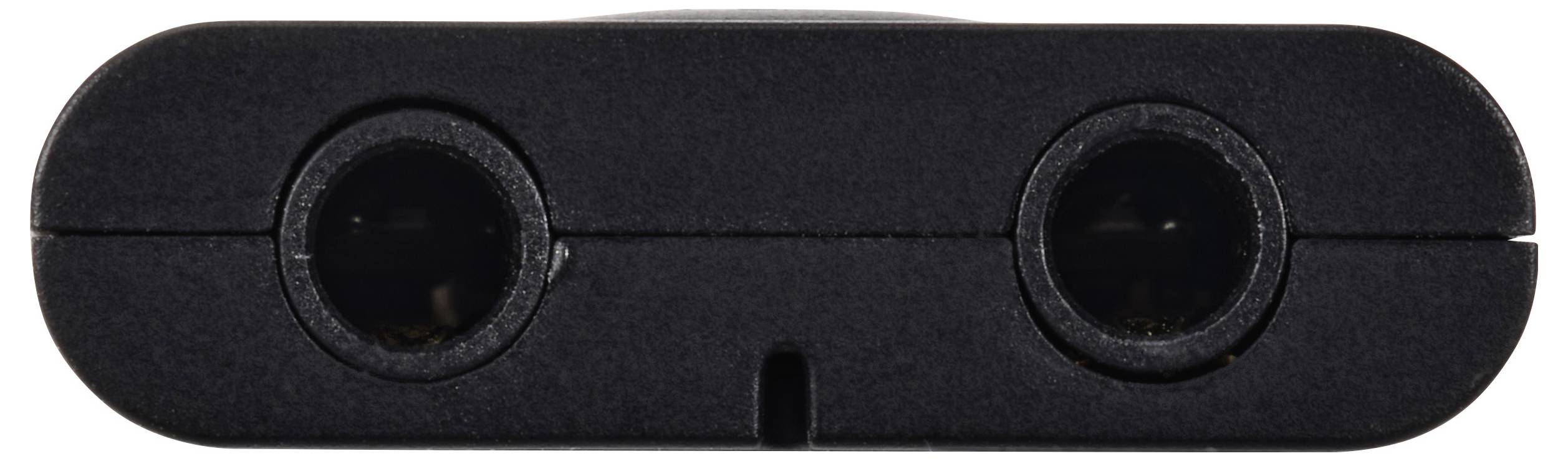 Dwa czarne złącza audio obok siebie, wmontowane w prostokątną obudowę z tworzywa sztucznego.