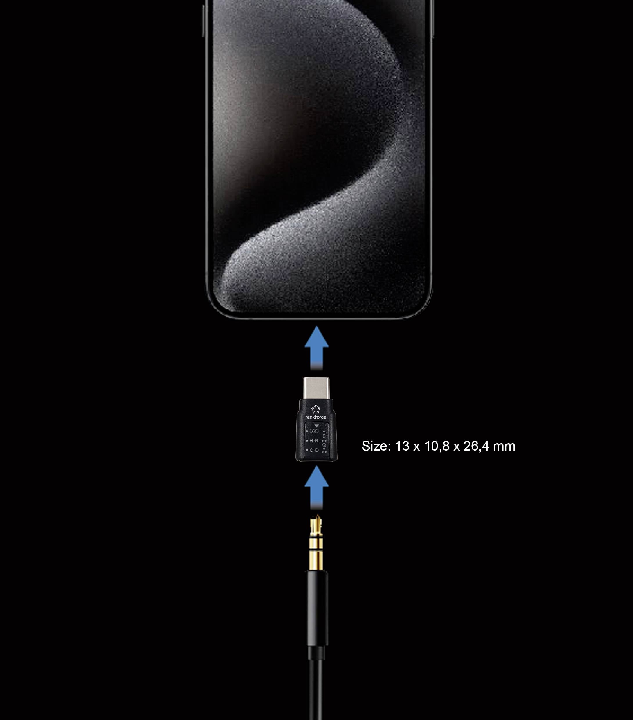 Smartfon podłączony za pomocą adaptera i przewodu audio. Adapter ma wymiary 13 x 10,8 x 26,4 mm.