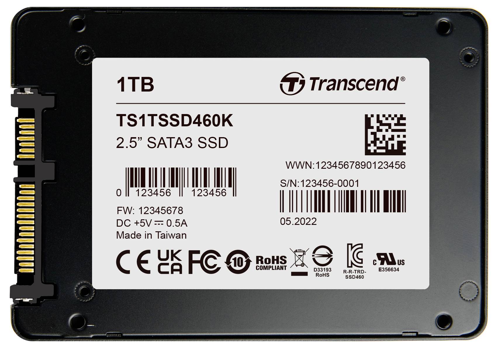 Transcend 2,5" SATA3 SSD o pojemności 1TB. Model TS1TSSD460K. Zawiera specyfikacje takie jak numer seryjny i kraj produkcji - Tajwan.