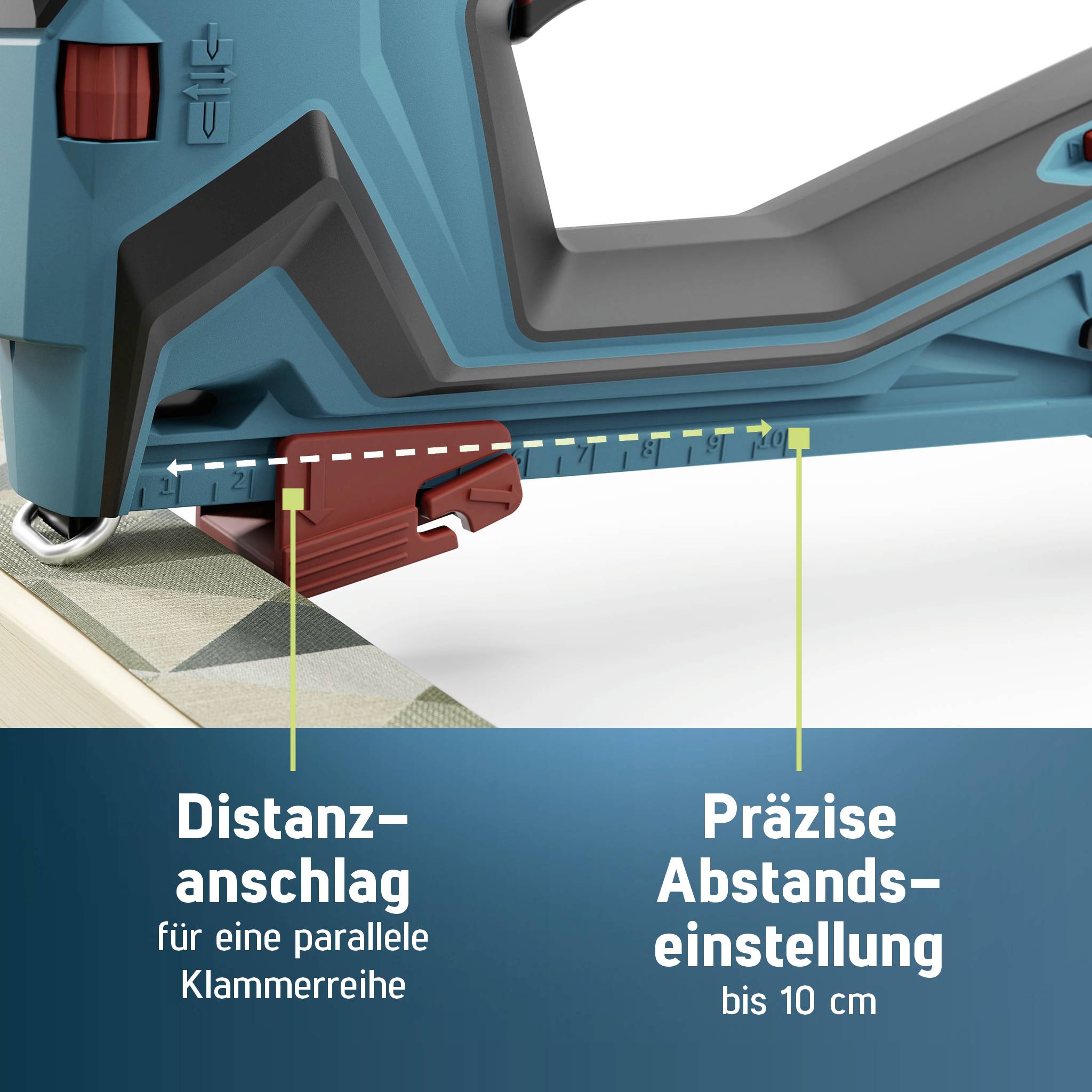 Narzędzie do precyzyjnego pomiaru odległości do 10 cm, przedstawione na linijce w kolorach niebieskim i czerwonym.