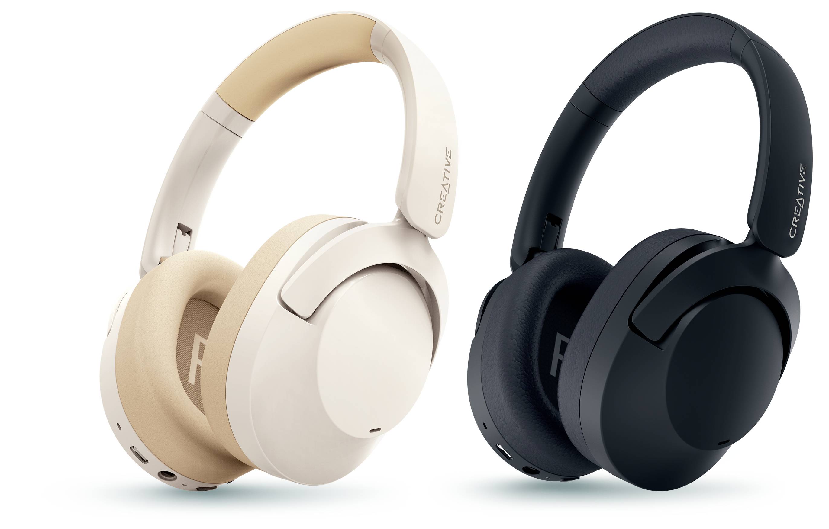 Dwa bezprzewodowe słuchawki, jedna w kolorze beżowym, a druga w czerni. Obie posiadają wyściełane nauszniki i pałąk.
