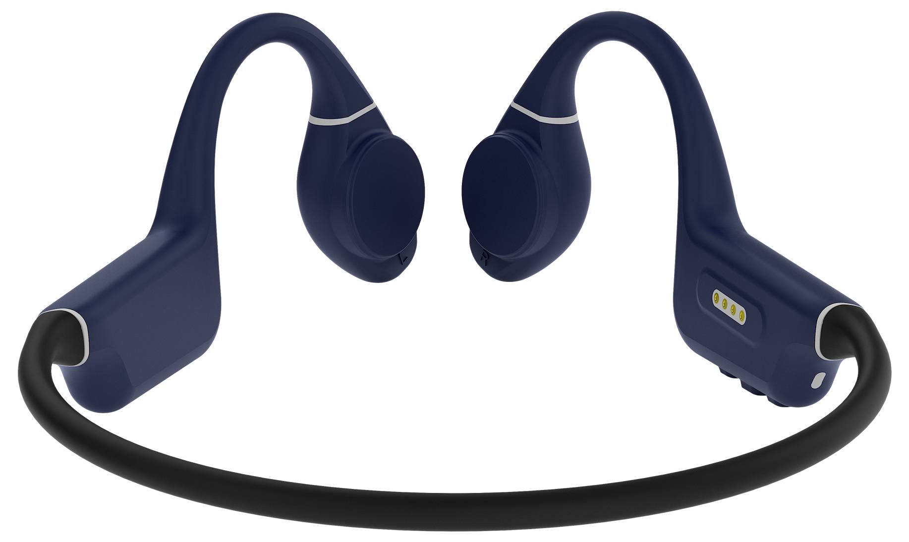 Bezprzewodowe słuchawki kostne w ciemnoniebieskim kolorze, o falistym kształcie i otwartym zagięciu na kark.