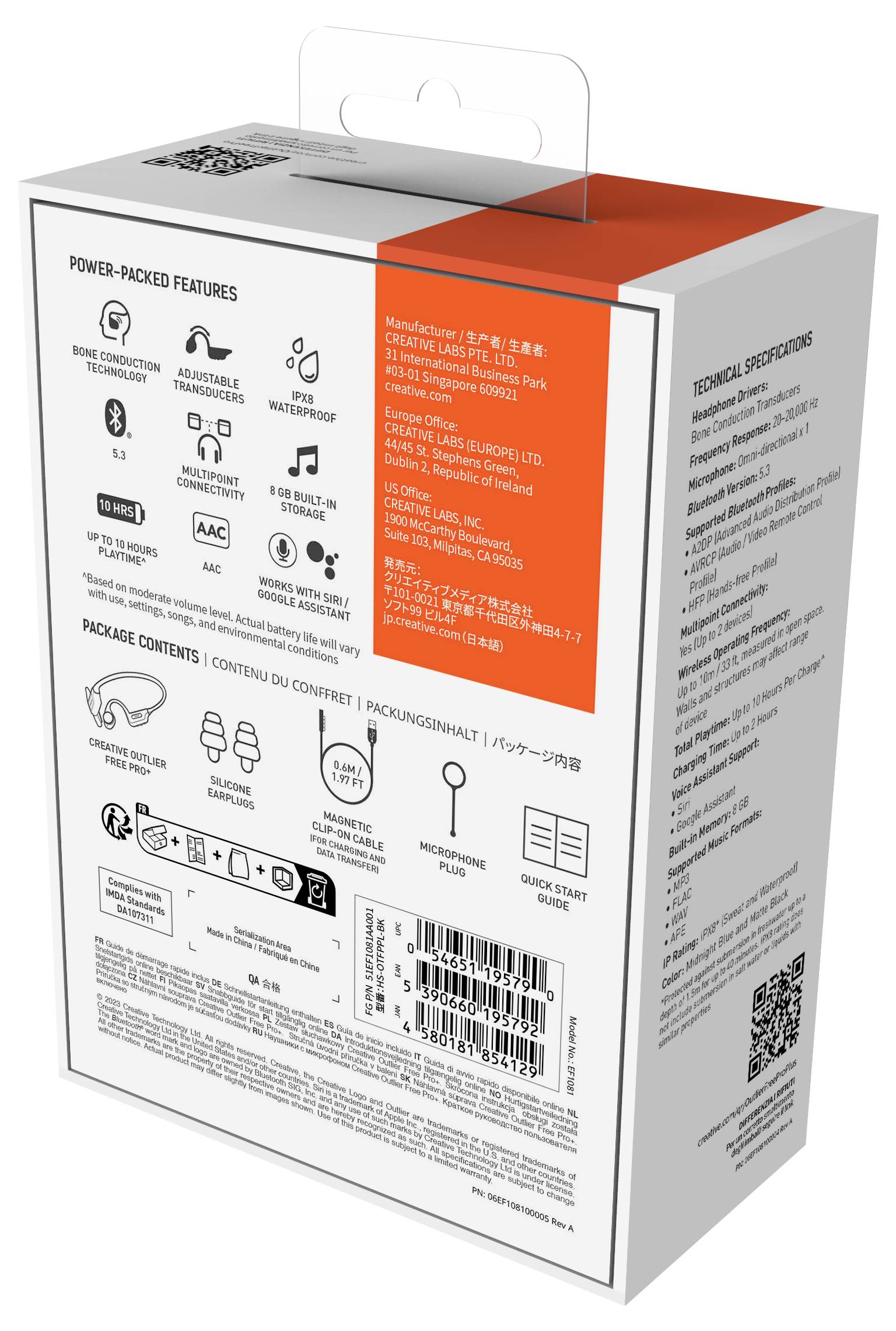 Rysunek przedstawia odwrotną stronę opakowania z technicznymi specyfikacjami oraz diagramem elementów składowych słuchawek Bluetooth.