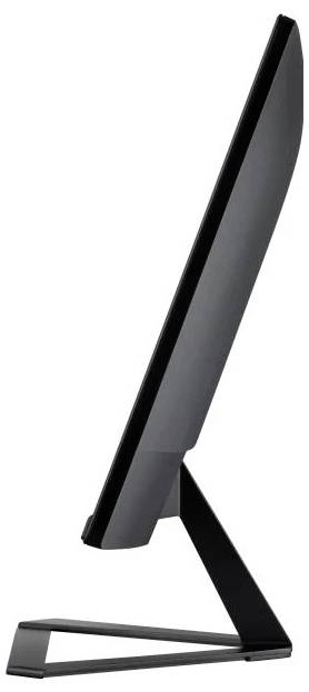 Widok z boku nowoczesnego, smukłego monitora komputerowego z czarną ramką i solidną podstawą.