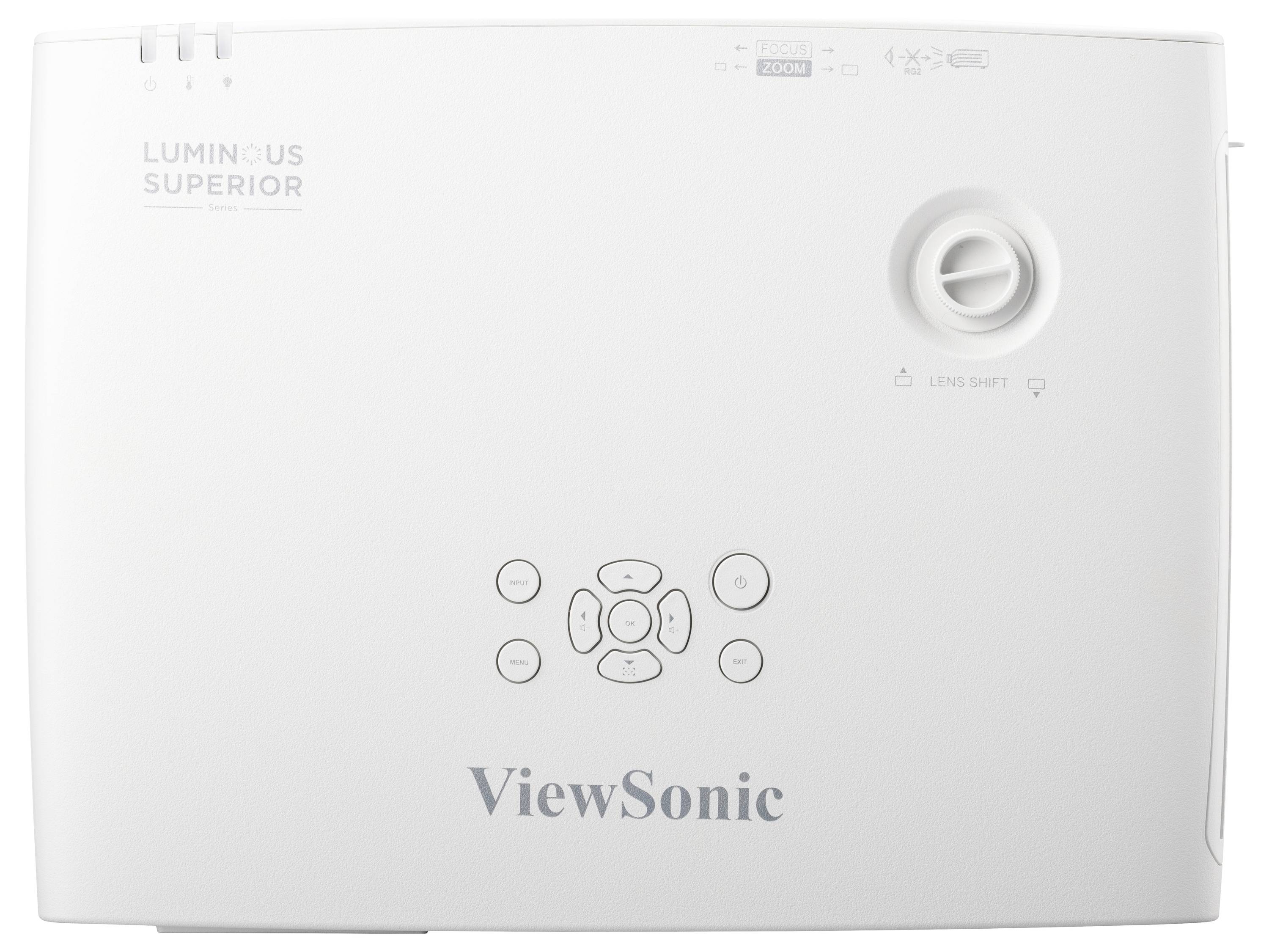Biały projektor ViewSonic z elementami sterującymi pośrodku i napisem 'Luminous Superior' w lewym górnym rogu.