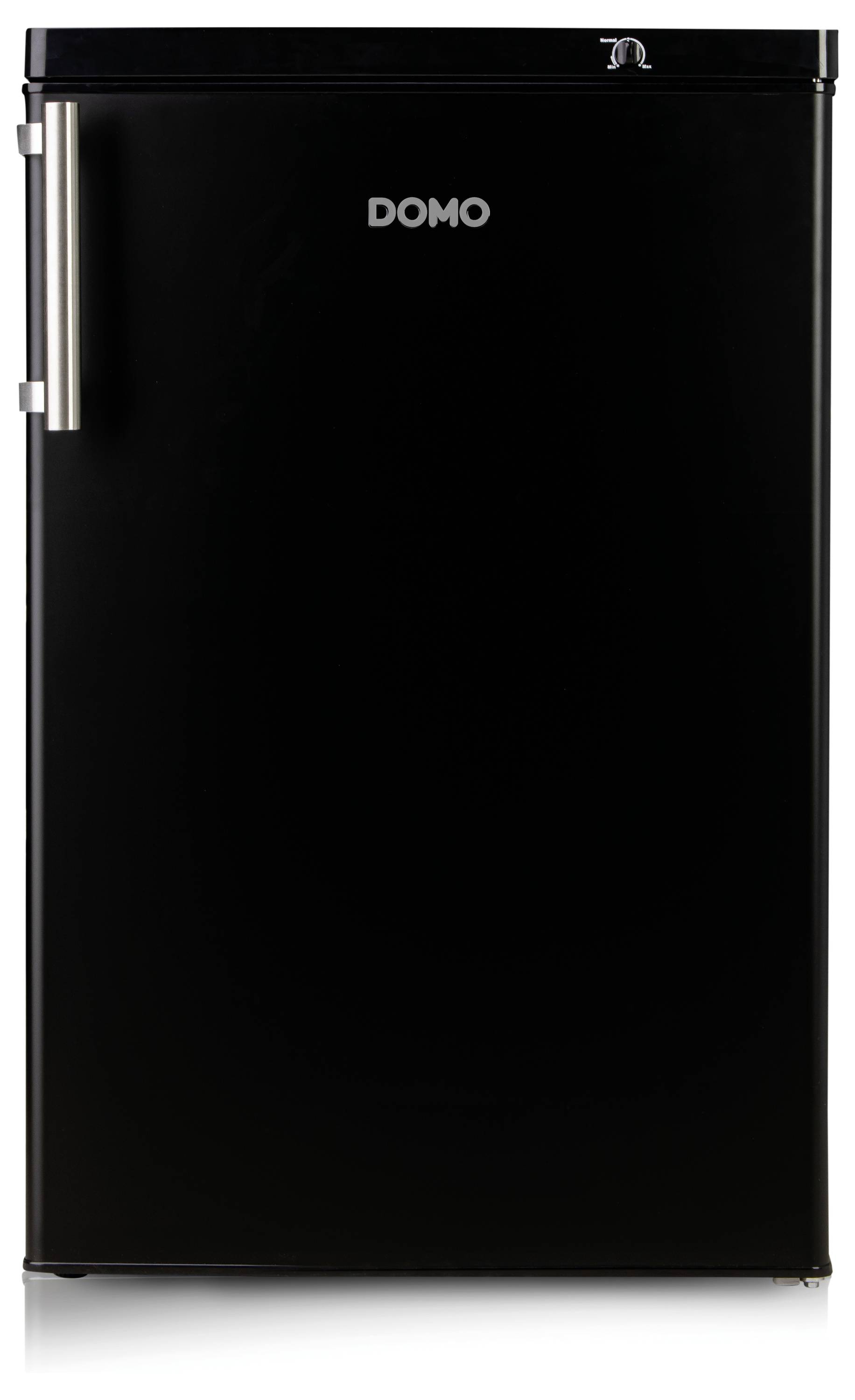 Czarny, wolnostojący lodówka z uchwytem po lewej stronie i napisem 'DOMO' na drzwiach.