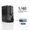 Czarny, kompaktowy obudowa stoi obok tekstu: 1/40 objętości konwencjonalnej obudowy tower, waga: 652 g.