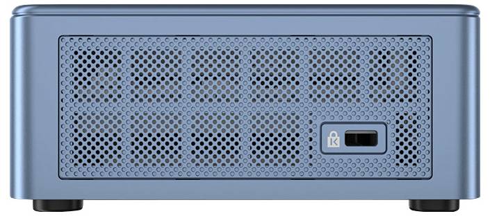 Niebieski, prostokątny elektroniczny pojemnik z dziurkowaną przednią ścianką i osłoną ochronną. Mały i kompaktowy, prawdopodobnie urządzenie chłodnicze.