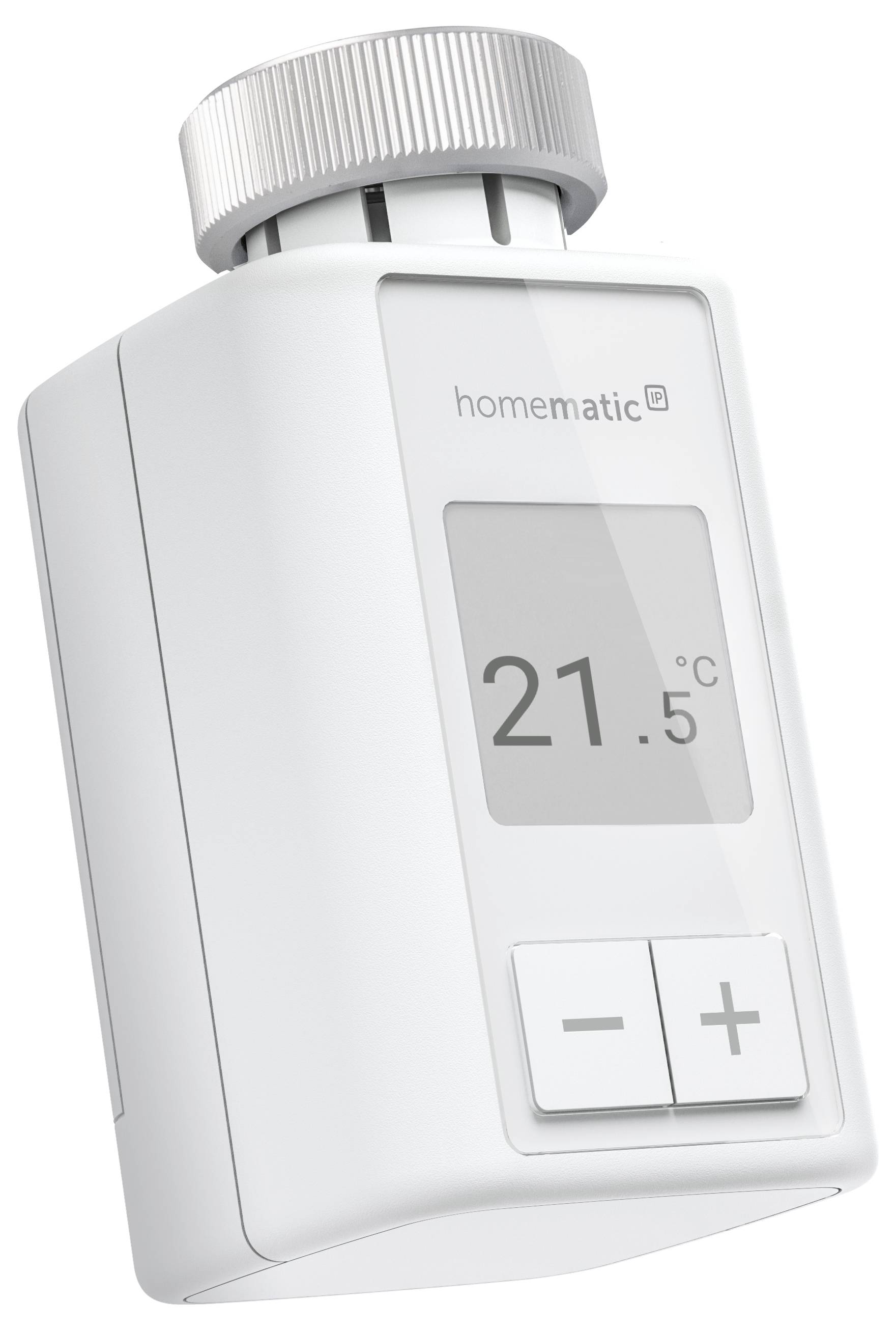 Urządzenie termostatyczne z wyświetlaczem pokazuje 21,5 stopni Celsjusza. Dwa przyciski na dole: Plus, Minus. Marka: Homematic.