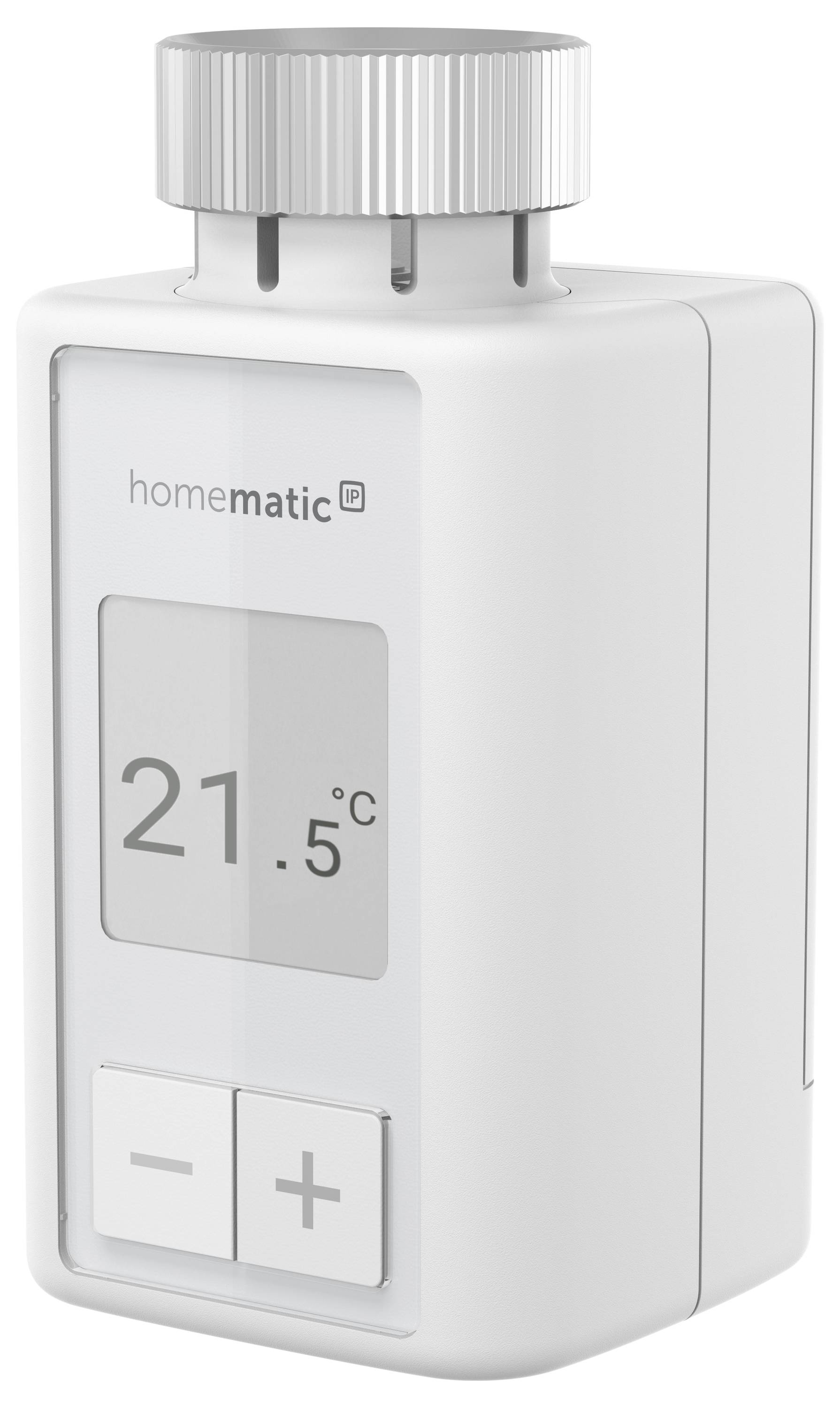 Białyy, prostokątny termostat grzejnikowy firmy Homematic wskazuje temperaturę '21,5°C'. Widoczne są przyciski do zwiększania i zmniejszania temperatury.