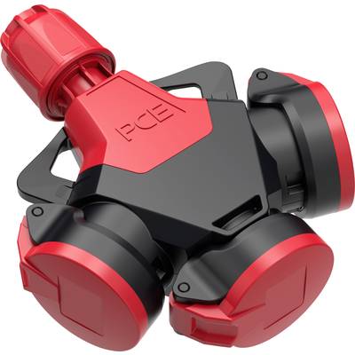 Czerwono-czarny adapter wtykowy z trzema okrągłymi złączami, rozpoznawalny po logo 'PCE' na górnej powierzchni.
