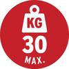 Czerwona tabliczka z białym symbolem wagi, z napisem 'KG 30 MAX.', oznacza maksymalną ładowność 30 kilogramów.