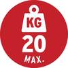 Czerwona tabliczka z napisem 'KG 20 MAX.', wskazuje maksymalną ładowność wynoszącą 20 kilogramów.