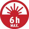 Czerwony symbol przedstawia stylizowane słońce z promieniami nad horyzontem, poniżej którego białymi literami widnieje napis '6h MAX.', co oznacza ograniczenie czasowe.