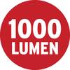 '1000 lumenów' na białym tle w czerwonym kole, wskazuje na wydajność świetlną produktu.