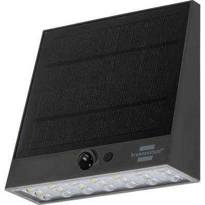 Czarna lampa ścienna zasilana energią słoneczną z paskiem LED i czujnikiem ruchu, pokazana pod kątem na białym tle.