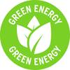 Zielone logo z dwoma białymi liśćmi i napisem 'Green Energy', symbolizujące odnawialne źródła energii.