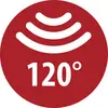 Czerwona okrągła ikona ostrzegawcza z trzema białymi zakrzywionymi liniami sygnału nad „120°".