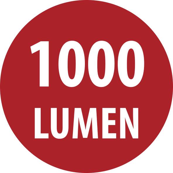 Czerwony okrągły znaczek z białym tekstem „1000 LUMEN", wskazujący na jasność 1000 lumenów.