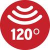 Okrągły czerwony symbol z białymi liniami przedstawiającymi fale dźwiękowe, z numerem '120°' poniżej.