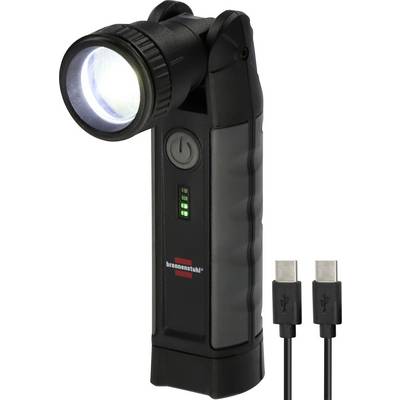 Czarna przenośna latarka LED ze obracającą się głowicą, przyciskiem zasilania, wskaźnikiem baterii i dwoma kablami do ładowania USB pokazanymi obok niej.
