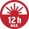 Czerwony symbol z stylizowanym słońcem i napisem '12 h MAX.', wskazujący maksymalny czas użycia wynoszący 12 godzin.