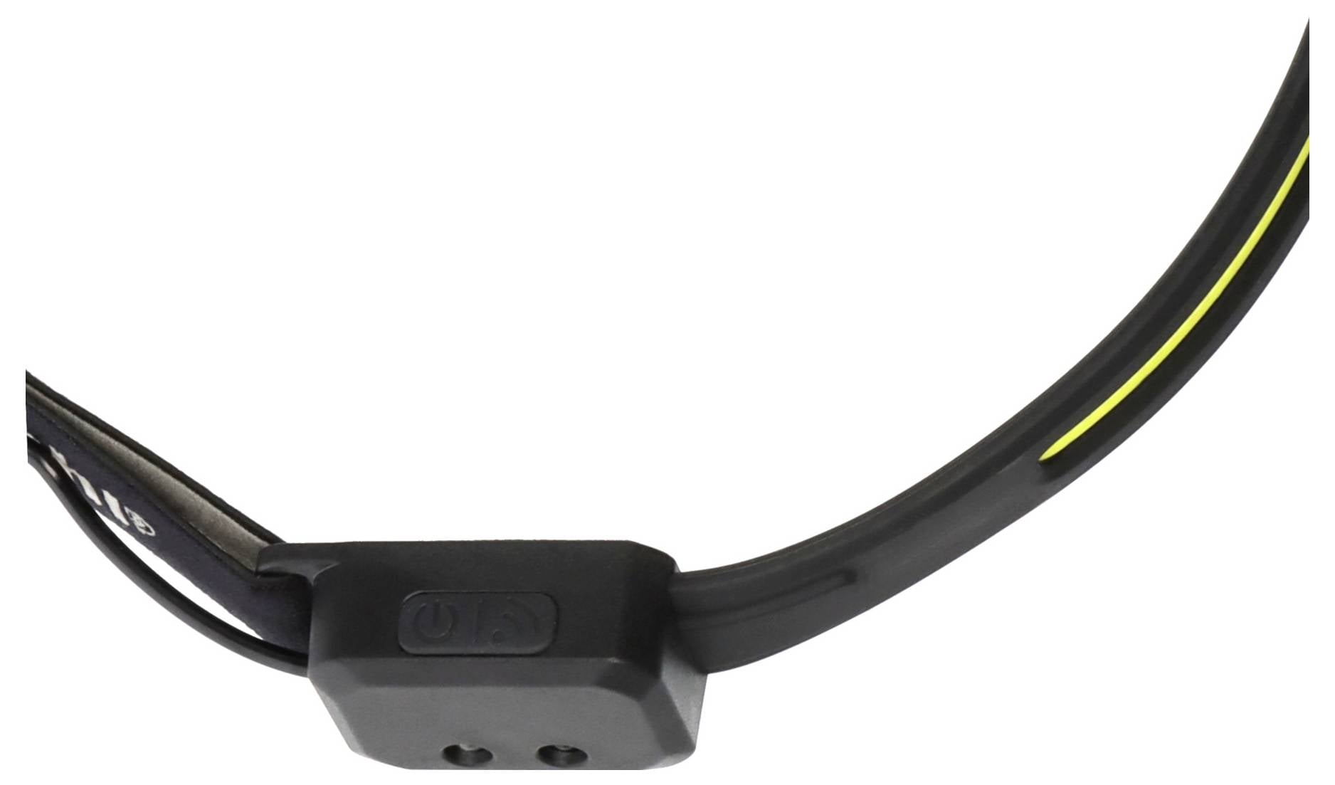 Czarna opaska na czoło z wbudowanym światłem LED, posiadająca włącznik/wyłącznik na jednym końcu.