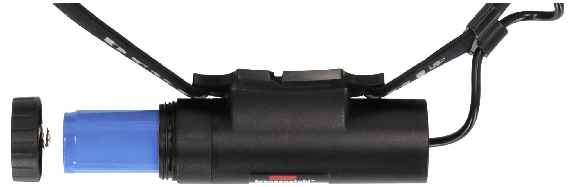 Czarna latarka z niebieską baterią, leżąca na boku. Posiada zdejmowaną pokrywę i pasek do przenoszenia.