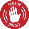 Czerwony symbol z białą dłonią i falowanymi liniami, otoczony słowami 'Sensor Wł./Wył.'. Sygnalizuje sterowanie czujnikiem dotykowym.