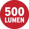 Czerwony okrąg z białym tekstem '500 lumenów', wskazujący na natężenie światła.