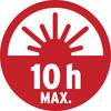 Czerwony symbol z połową słońca i promieniami. Poniżej widnieje napis '10 h MAX.', oznaczający maksymalny czas użycia wynoszący 10 godzin.