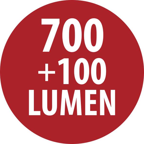 Czerwona okrągła etykieta z białym tekstem czytającym "700 +100 LUMEN".