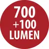 Czerwona okrągła etykieta z białym tekstem czytającym "700 +100 LUMEN".