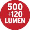 Czerwony krąg z białym tekstem '500 + 120 LUMENÓW'.